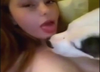 Big boobs zoophile teen has a dog to kiss